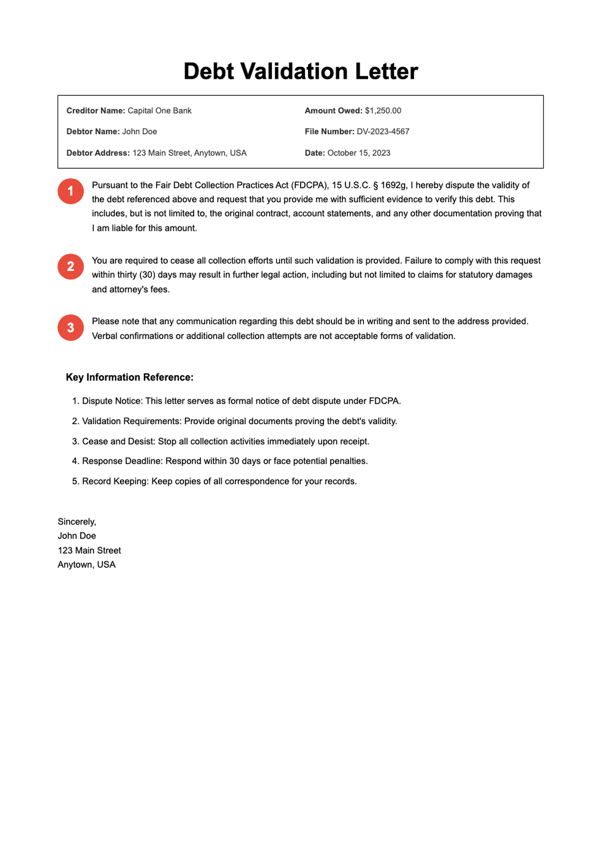 Debt validation sample letter with numbered sections and key explanations_variant_2